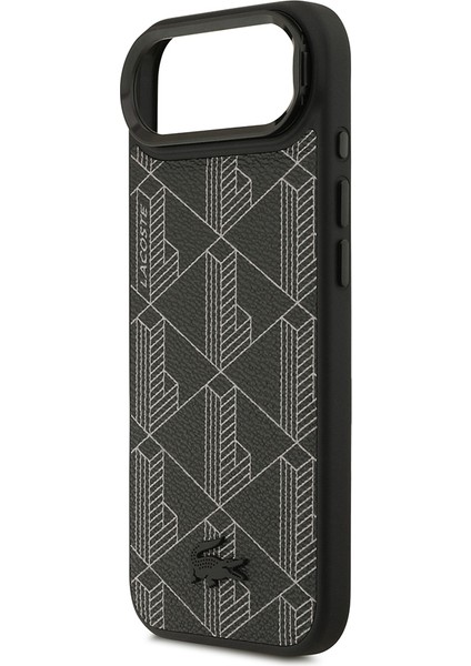 iPhone 17 Air Kılıf Lacoste Lisanslı M-Safeli Standlı Pu Deri Karışık Monogram Desenli Kapak Siyah