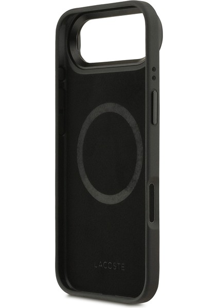 iPhone 17 Air Kılıf Lacoste Lisanslı M-Safeli Standlı Pu Deri Karışık Monogram Desenli Kapak Siyah