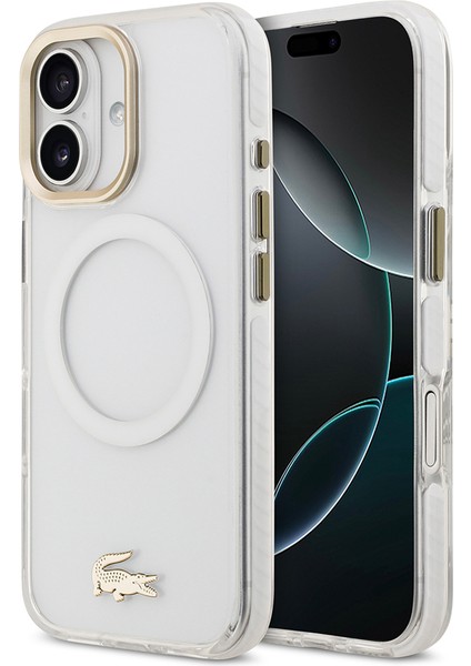 iPhone 17 Kılıf Lacoste Orjinal Lisanslı M-Safe Şarj Özellikli Gold Timsah Logolu Buzlu Kapak Beyaz