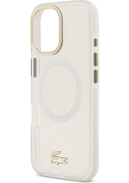 iPhone 17 Kılıf Lacoste Orjinal Lisanslı M-Safe Şarj Özellikli Gold Timsah Logolu Buzlu Kapak Beyaz