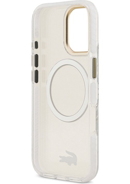 iPhone 17 Kılıf Lacoste Orjinal Lisanslı M-Safe Şarj Özellikli Gold Timsah Logolu Buzlu Kapak Beyaz