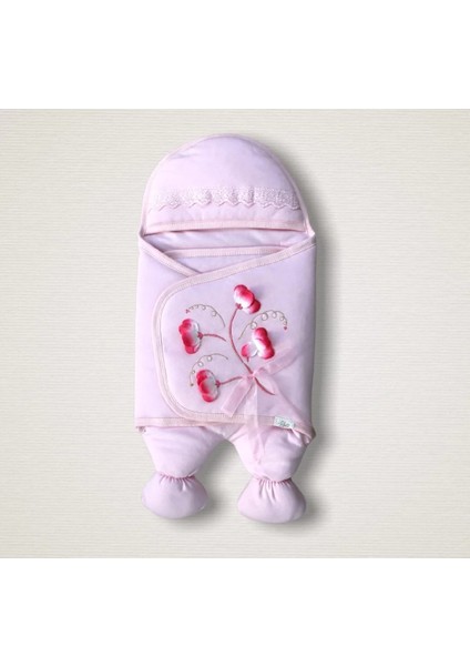 Yenidoğan Yapay Çiçek Işlemeli Şapkalı Lüks Kız Bebek Ayaklı Kundak Bebek Battaniyesi Pembe