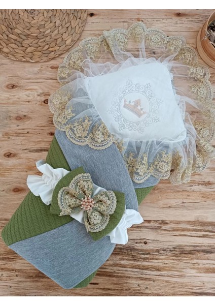 Yenidoğan Teri Cotton Taç Nakışlı Prizma Taş Kundak Bebek Battaniyesi Yeşil modelleri