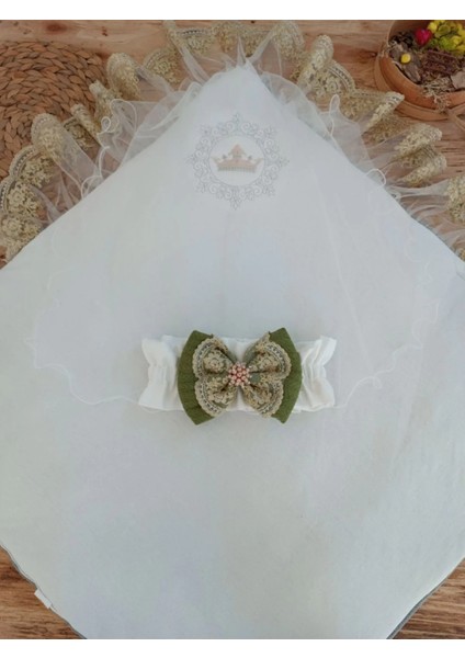 Yenidoğan Teri Cotton Taç Nakışlı Prizma Taş Kundak Bebek Battaniyesi Yeşil