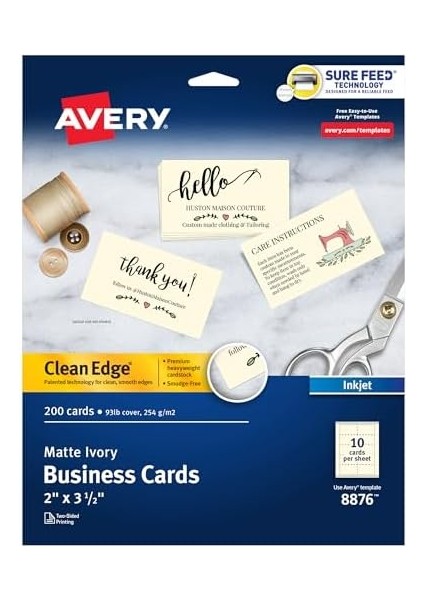 Basılabilir Kartvizitler, Mürekkep Püskürtmeli Yazıcı, 200 Kart, 2 x 3,5, Temiz Kenar, Ağır, Fildişi Rengi (8876) fiyatları