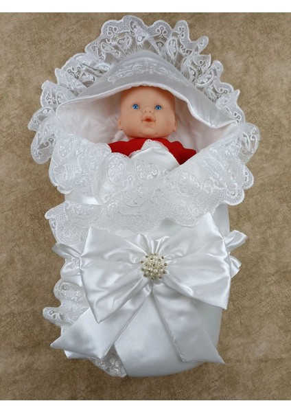 Yenidoğan Pırıltı Nakış Detaylı Lüks Kundak Bebek Battaniyesi Ekru fiyatları