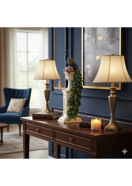 Sütunlu Tavus Kuşu Heykeli 34,5 Cm, Mermer Tozu ve Reçine Lüks Biblo Wise Dekoratif Veronese Desıgn