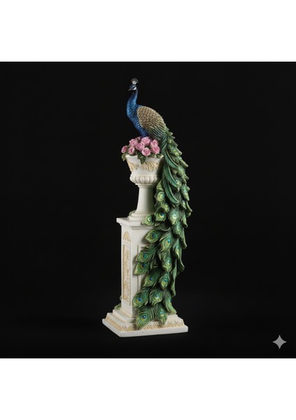 Sütunlu Tavus Kuşu Heykeli 34,5 Cm, Mermer Tozu ve Reçine Lüks Biblo Wise Dekoratif Veronese Desıgn modelleri
