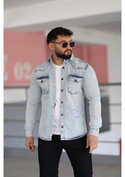 Erkek Kot Gömlek Slim Fit, Çift Cepli Geniş Düğmeli Likrasız Gömlek