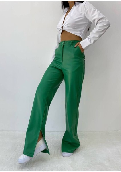 Kadın Yeşil Deri Yırtmaçlı Pantolon - 10819 modelleri