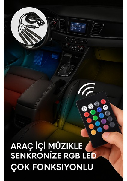 Rgb Araç Içi LED Aydınlatma Seti – Uzaktan Kumandalı, Müzik Modlu, 12V Çakmaklık Girişli