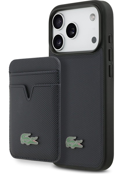 iPhone 17 Pro Kılıf Lacoste Lisanslı M-Safeli Pu Pike Desenli Metal Logolu Kartlıklı Kapak Lacivert