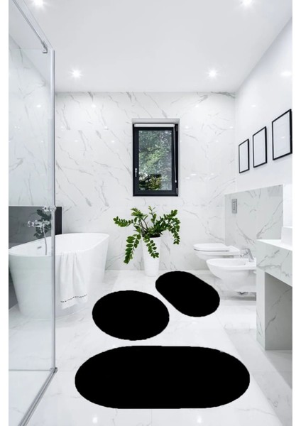 Siyah Cloudy Banyo Halısı Peluş Paspas Klozet Seti Takımı 50X60(OVAL)-60X100(OVAL)-60X60(YUVARLAK)