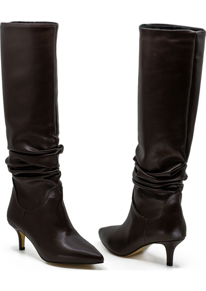 Vegan 6.5 cm Kısa Rahat Topuklu Sivri Burunlu Körüklü Uzun Kadın Çizme