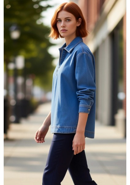 Kadın Denim Fermuar Detaylı Oversize Gömlek Günlük Stilinizi Tamamlayan Modern Dokunuş Şık indirimleri