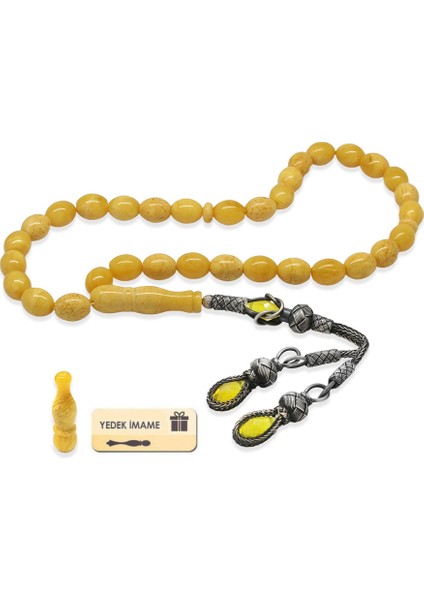 Damla Kehribar Tesbih - 1000 Ayar Gümüş Kazaz Püsküllü - Arpa Kesim - King Seccer - Premium Kutulu fiyatları