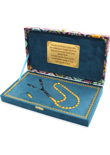 Damla Kehribar Tesbih - 1000 Ayar Gümüş Kazaz Püsküllü - Arpa Kesim - King Seccer - Premium Kutulu modelleri