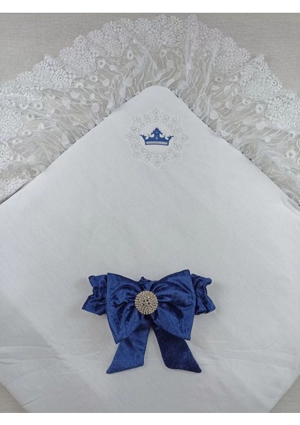 Yenidoğan Saray Kadife Taç Nakışlı Inci Fiyonklu Dantel Duvak Trilüks Kundak Bebek Battaniye Lacivert fiyatları