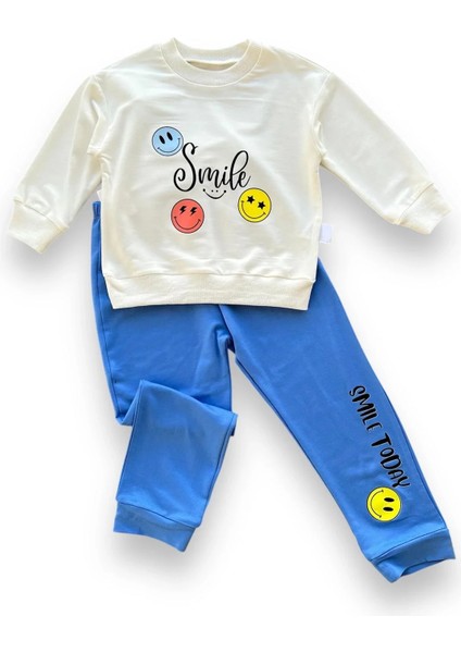 6-9-12-18 Ay Emoje Baskılı Pamuk Penye Kumaş Erkek Bebek Takımı Mavi