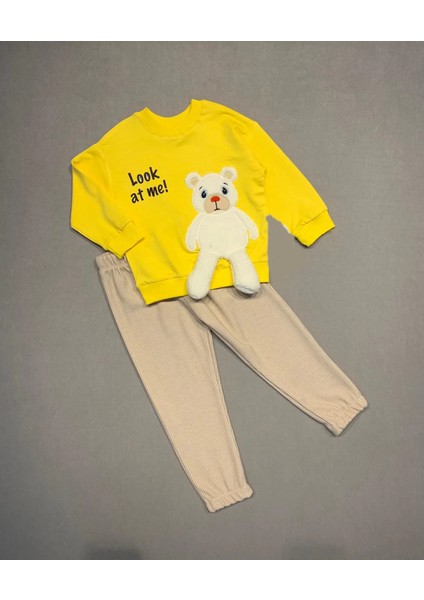 2-3-4 Yaş Ayıcık Sallanan Ayak Desenli Likra Penye Kumaş Sweat Pantolonlu Kız Erkek 2li Çocuk Takımı Sarı