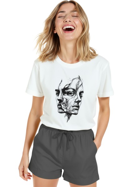 Kadın Beyaz Relaxed Fit %100 Pamuk Tişört – Ikiz Yüz Karakalem Baskılı indirimleri