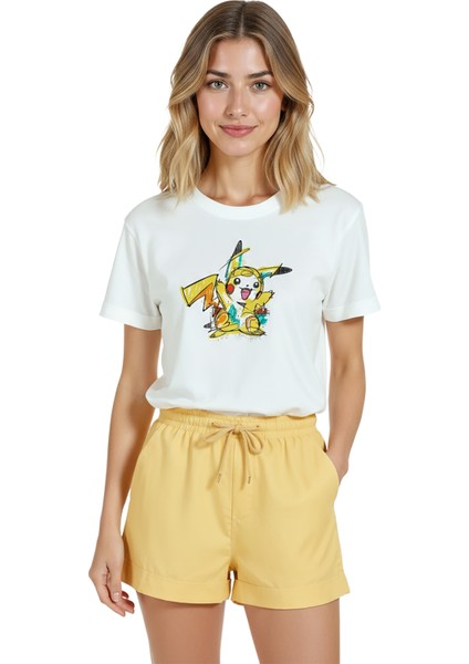 Kadın Beyaz Relaxed Fit %100 Pamuk Tişört – Pikachu Karakter Baskılı