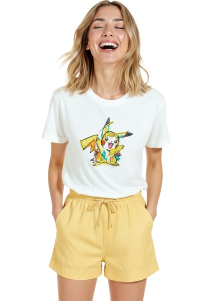 Kadın Beyaz Relaxed Fit %100 Pamuk Tişört – Pikachu Karakter Baskılı indirimleri