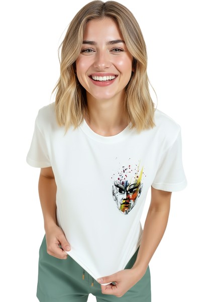Kadın Beyaz Relaxed Fit %100 Pamuk Tişört – Suluboya Soyut Yüz Baskılı modelleri