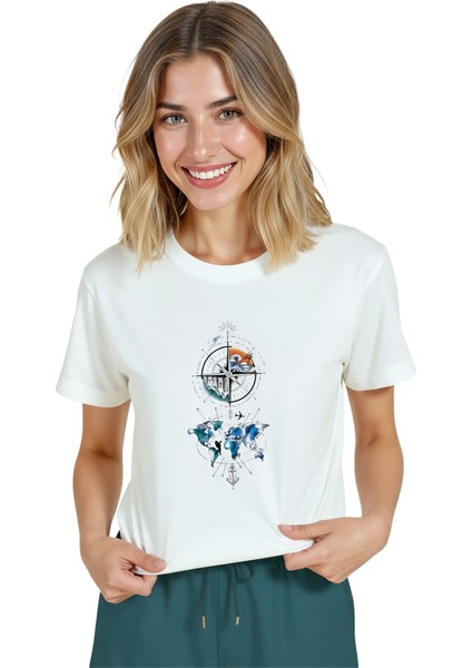 Kadın Beyaz Relaxed Fit %100 Pamuk Tişört – Suluboya Dünya Haritası & Pusula Baskılı fırsatları