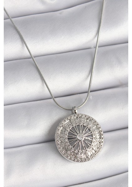 316L Çelik Gümüş Renk Zirkon Taşlı 12 Burç Madalyon Model Kadın Kolye