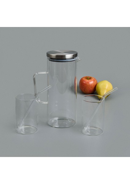 Cam Sürahi Bardak Pipet Seti - Şeffaf / Gri