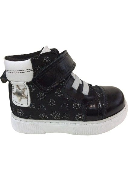 1001 Ridente Siyah Baskılı Bebe Kız Çocuk Bot % 100 Deri Lastik ve Cırtlı
