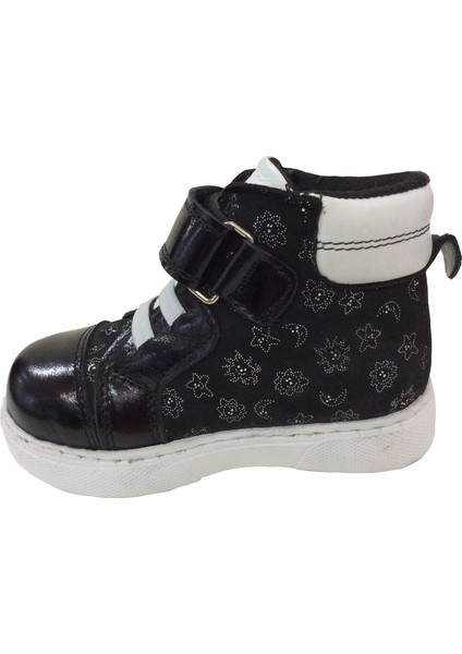 1001 Ridente Siyah Baskılı Bebe Kız Çocuk Bot % 100 Deri Lastik ve Cırtlı modelleri