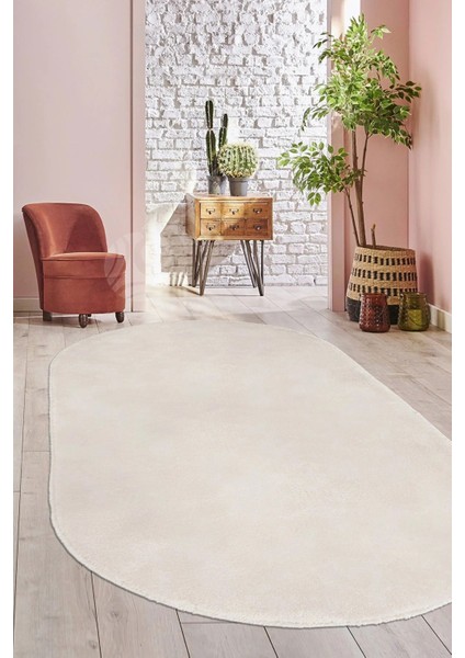 Krem Cloudy Oval Post Peluş Halı Kaymaz Taban Yumuşacık Yolluk Modern Halı
