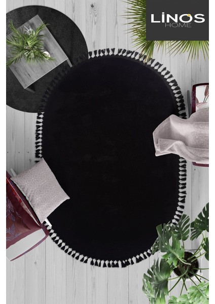 Siyah Cloudy Oval Düğüm Saçaklı Post Peluş Halı Kaymaz Taban Yumuşacık Yolluk