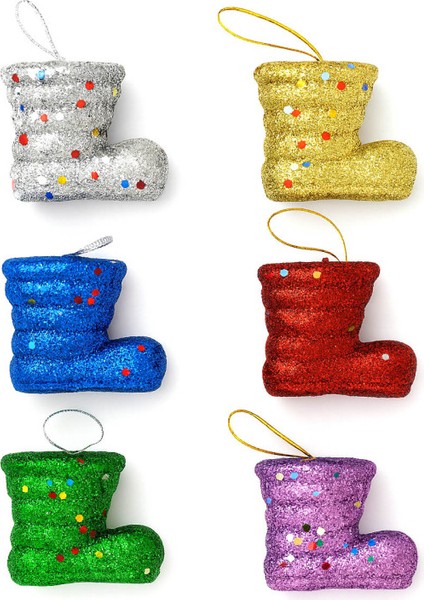 Yılbaşı Ağaç Süsü Simli ve Pullu Noel Baba Çizmesi 5 x 4,5 cm 6'lı