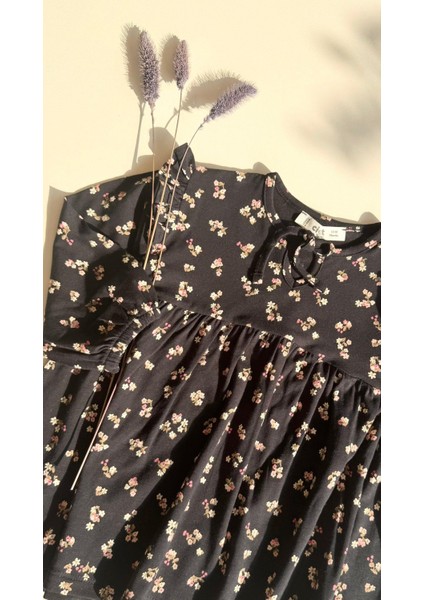 Desenli Mevsimlik Elbise 1-7 Yaş Siyah