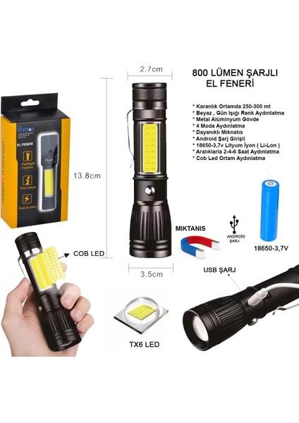 Uzun Menzilli El Feneri Mıknatıslı WT-602