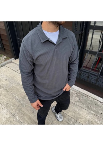 Erkek Fitilli Polar Sweatshirt - Düğmesiz Polo Yaka, Oversize Rahat Kalıp, Kalın Polar Kumaş, Kışlık ve Baharlık Şık Günlük Üst - Füme fiyatları