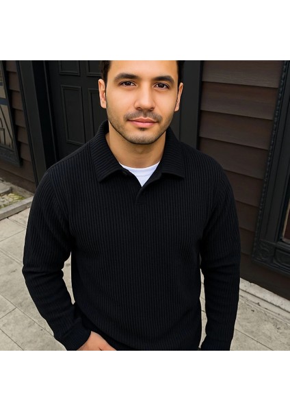 Erkek Fitilli Polar Sweatshirt - Düğmesiz Polo Yaka, Oversize Rahat Kalıp, Kalın Polar Kumaş, Kışlık ve Baharlık Şık Günlük Üst - Siyah modelleri