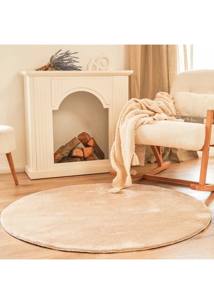 Cloudy Peluş Halı Yuvarlak Bej Yumuşacık Yıkanabilir Kaymaz Taban Yolluk Oturma Odası Mutfak