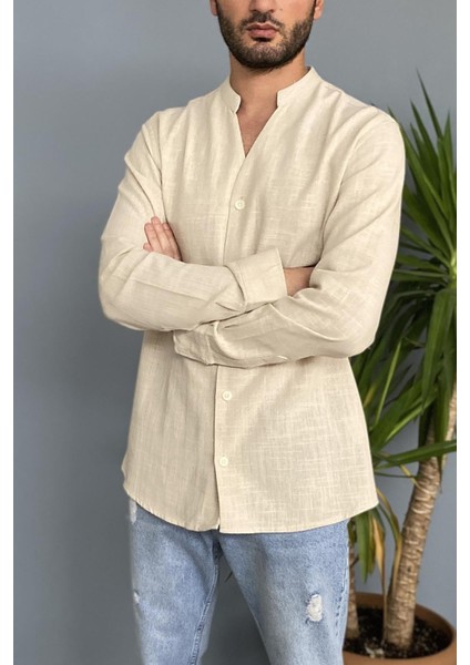 Hakim V Yaka Keten Mevsimlik Uzun Kollu Gömlek modelleri