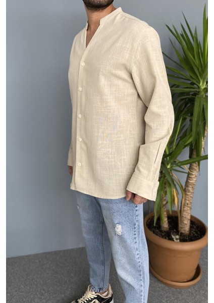 Hakim V Yaka Keten Mevsimlik Uzun Kollu Gömlek fırsatları
