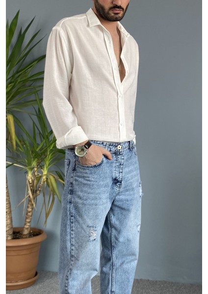 %100 Pamuk Oversize Uzun Kollu Keten Gömlek