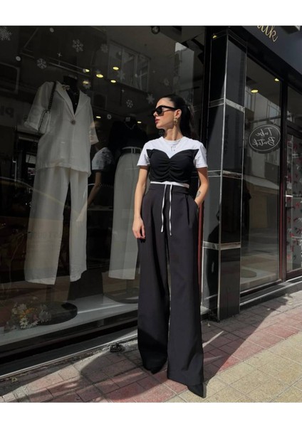 Kadın Siyah Beli Şerit Lastikli Pantolon - 10845