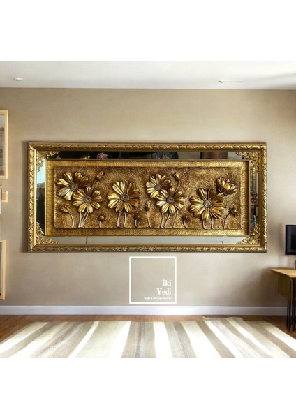 Toulouse 150 cm Altın Varak Çerçeveli 3D Çiçek Rölyef Tablo Lüks Duvar Dekoru Kabartmalı Tablo