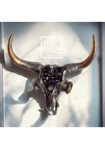 Morgan 42 cm Steampunk Buffalo Kafası Mekanik Bufalo Boynuzlu Hayvan Başı Duvar Dekoru Boğa Obje