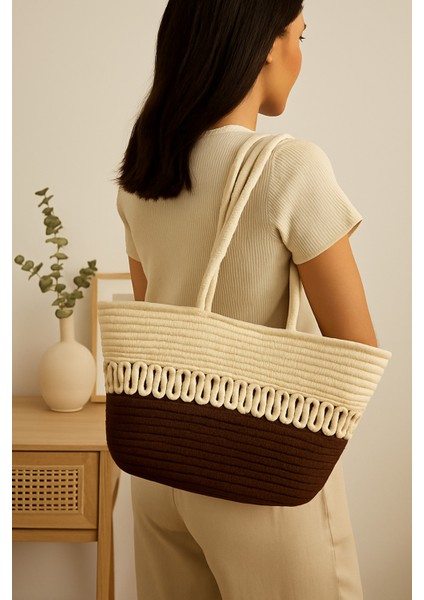 Halat Örgü Hasır Çevre Dostu Şık Çift Renkli Büyük Boy Plaj Çantası Kadın El ve Omuz Çantası