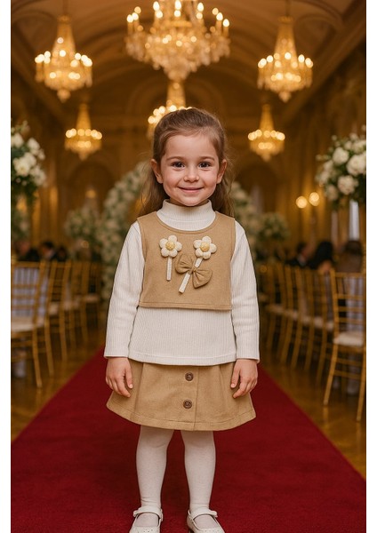 Fiyonklu ve Papatyalı Yeleği ve Eteği Süet Fitilli Buluz Kız Çocuğu 3 'lü Takım fiyatları