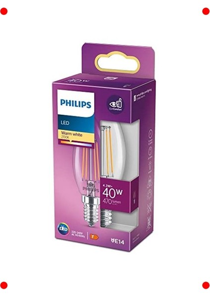 E14 Duy 40W Eşdeğeri Filament LED Mum Ampul - Sarı Işık